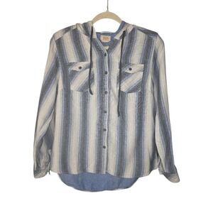 Boston Traders Blue and Gray Striped Cotton "Shacket" Hoodie Med Button Front